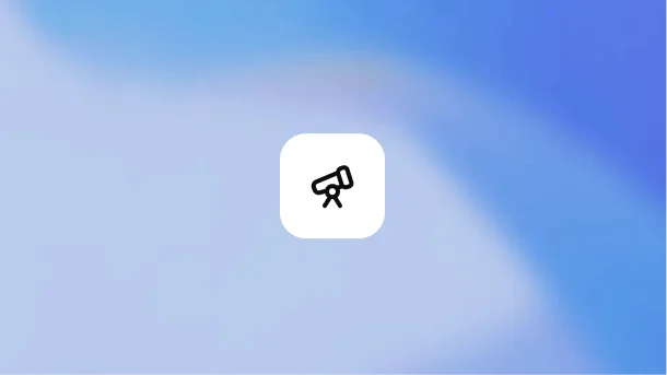 Telescope icon in a white square on a pale blue background.