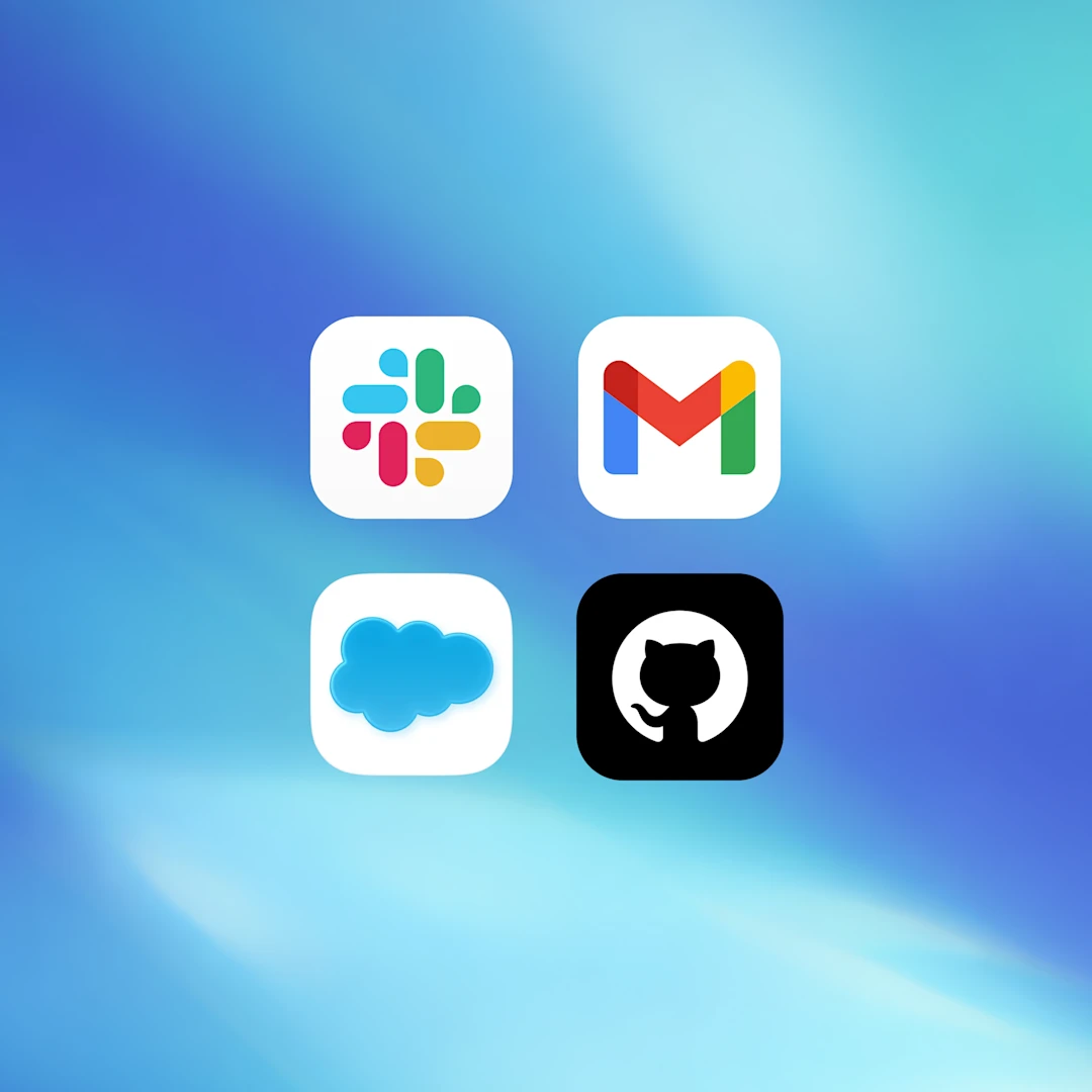 蓝色渐变背景上展示着四个应用图标：Slack、Gmail、Salesforce 与 GitHub。